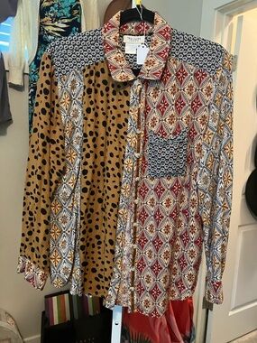 Tru Luxe Jeans Multi-Print Button-Down Shirt in Mustard, Red, Navy